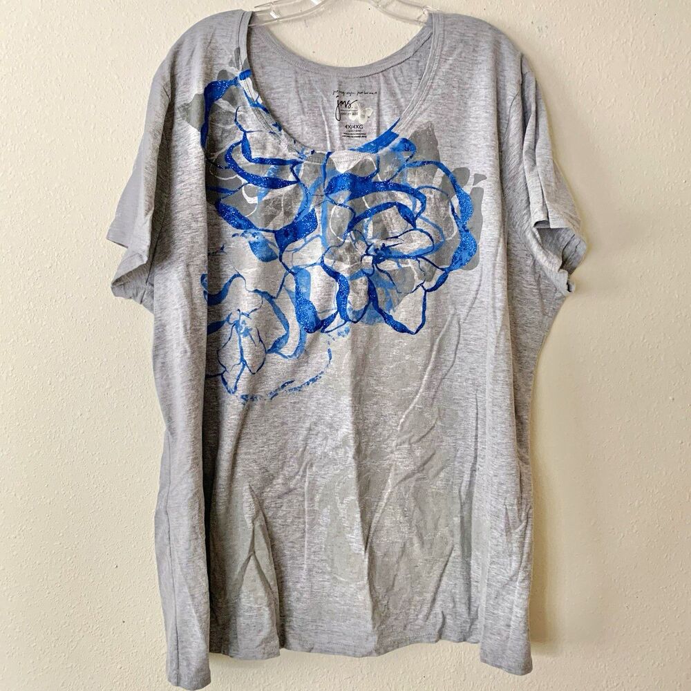 Just My Size Women’s Heather Gray Blue Floral Glitter Scoop Neck T-Shirt 4X